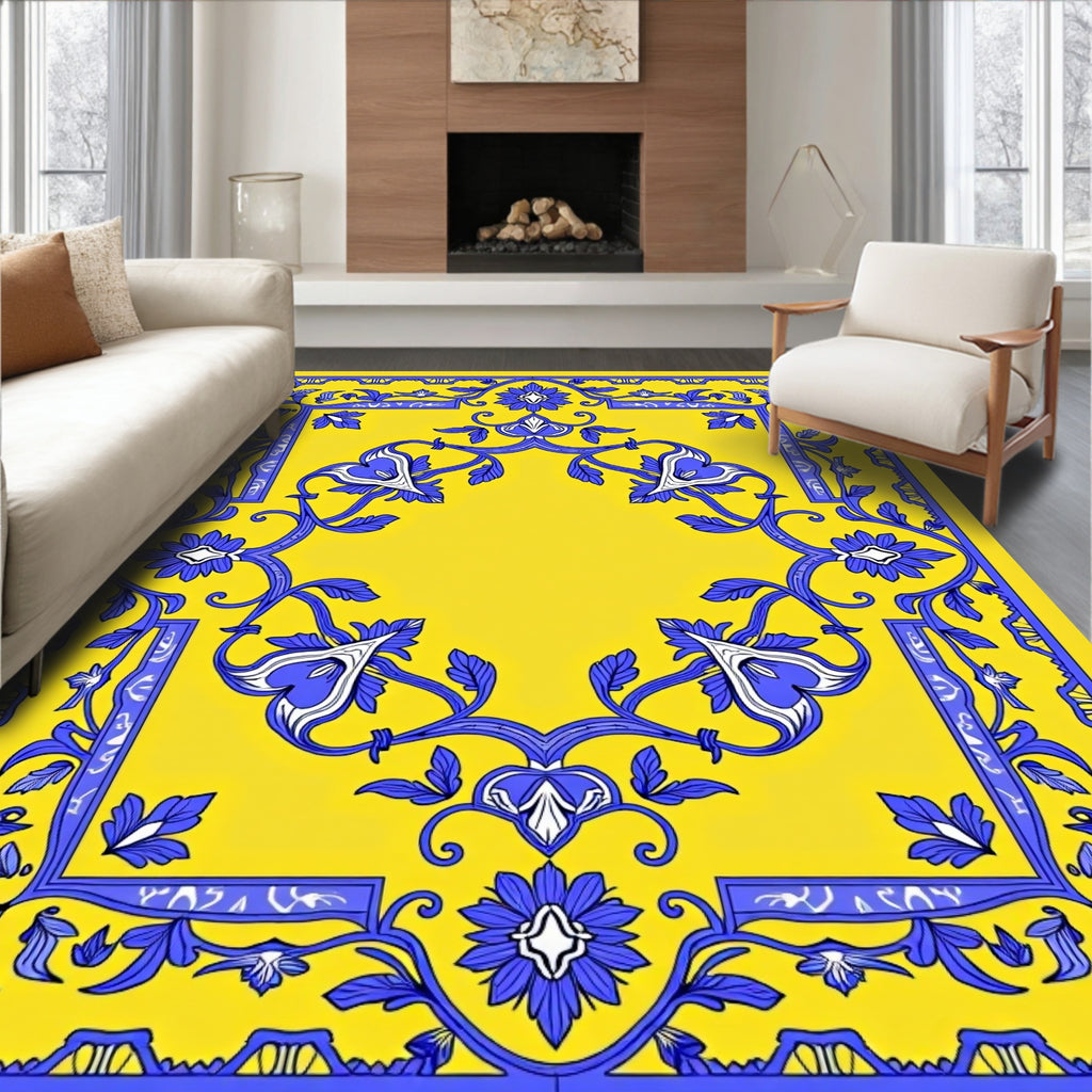 Elegant Yellow Blue Floral Scroll Rug