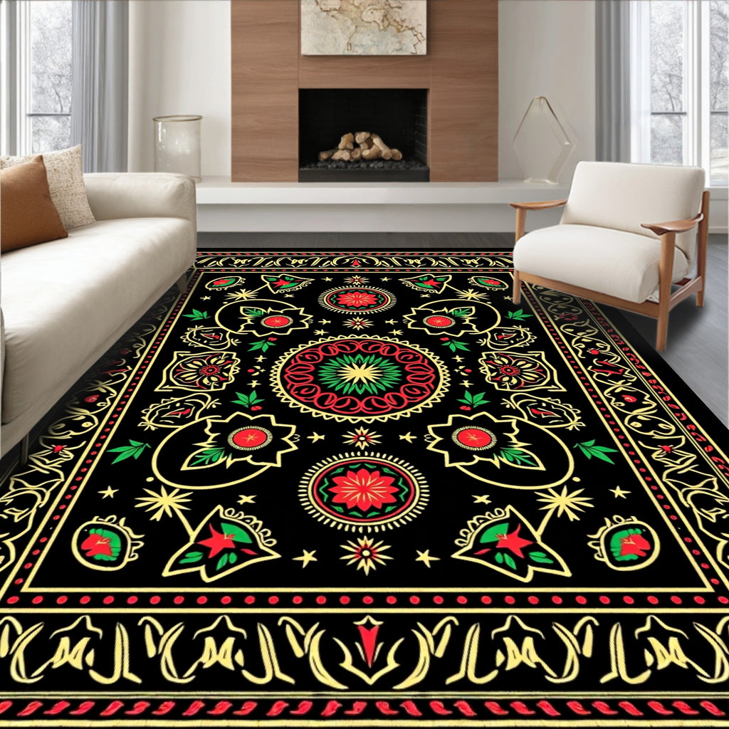 Black Red Green Golden Floral Medallion Tapestry Rug