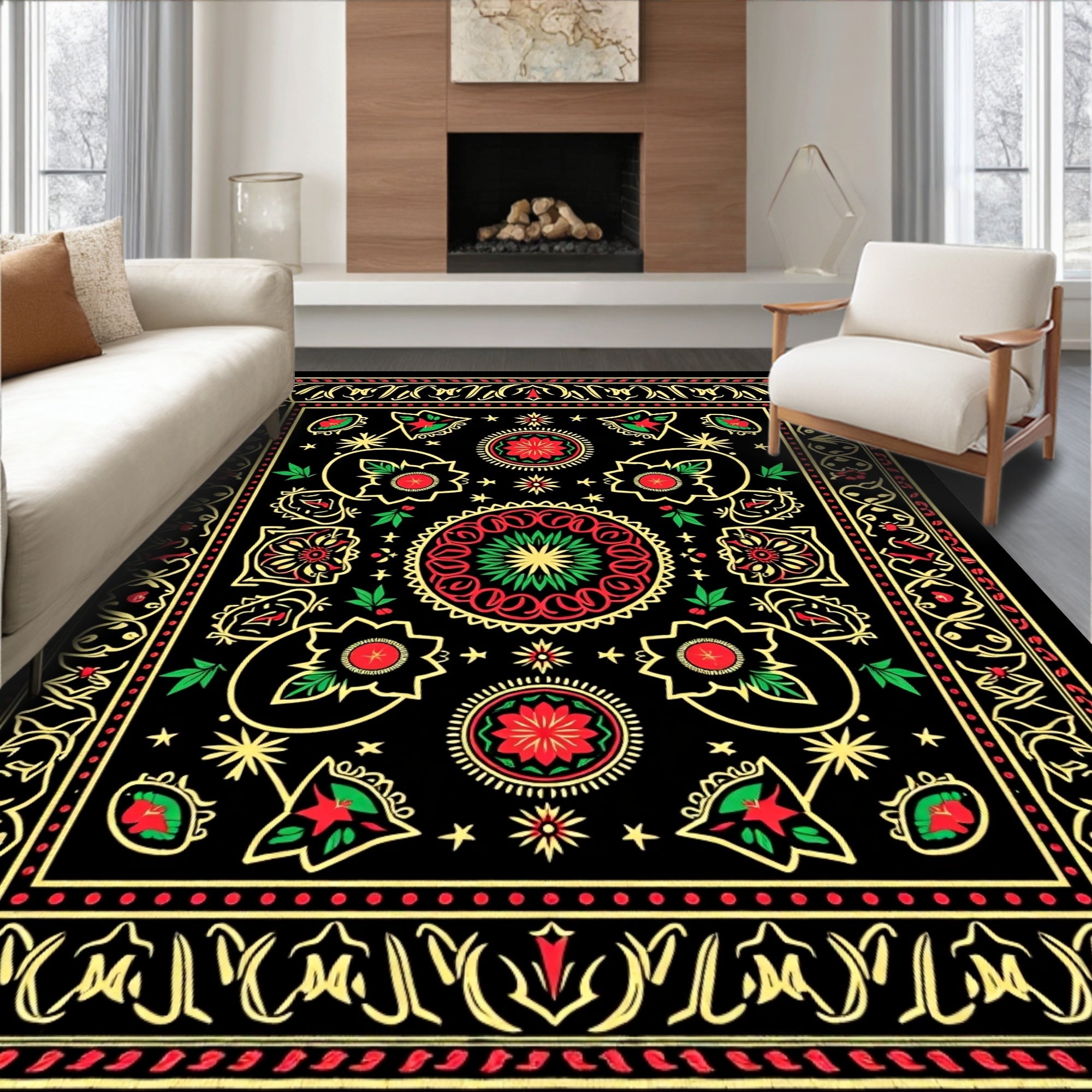 Black Red Green Golden Floral Medallion Tapestry Rug