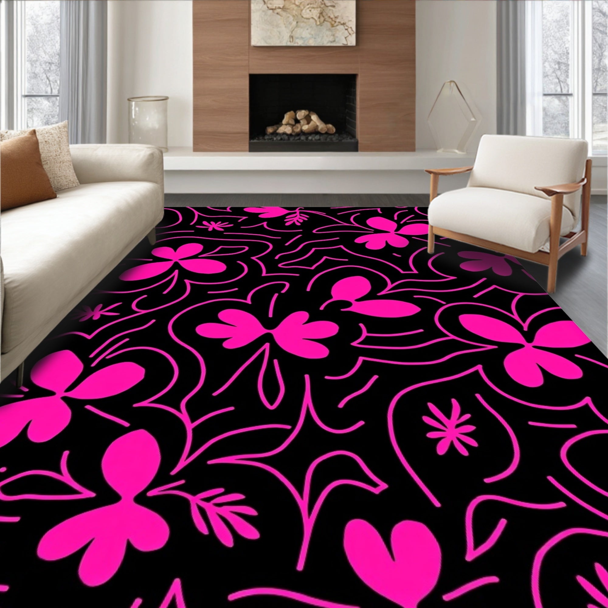 Bold Pink Floral Swirls Pattern Rug