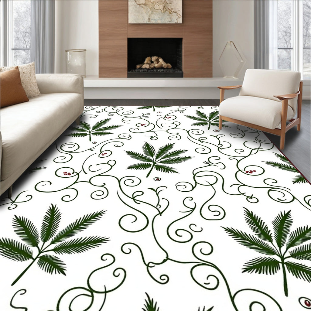 Green Fern Swirl Botanical Motif Rug