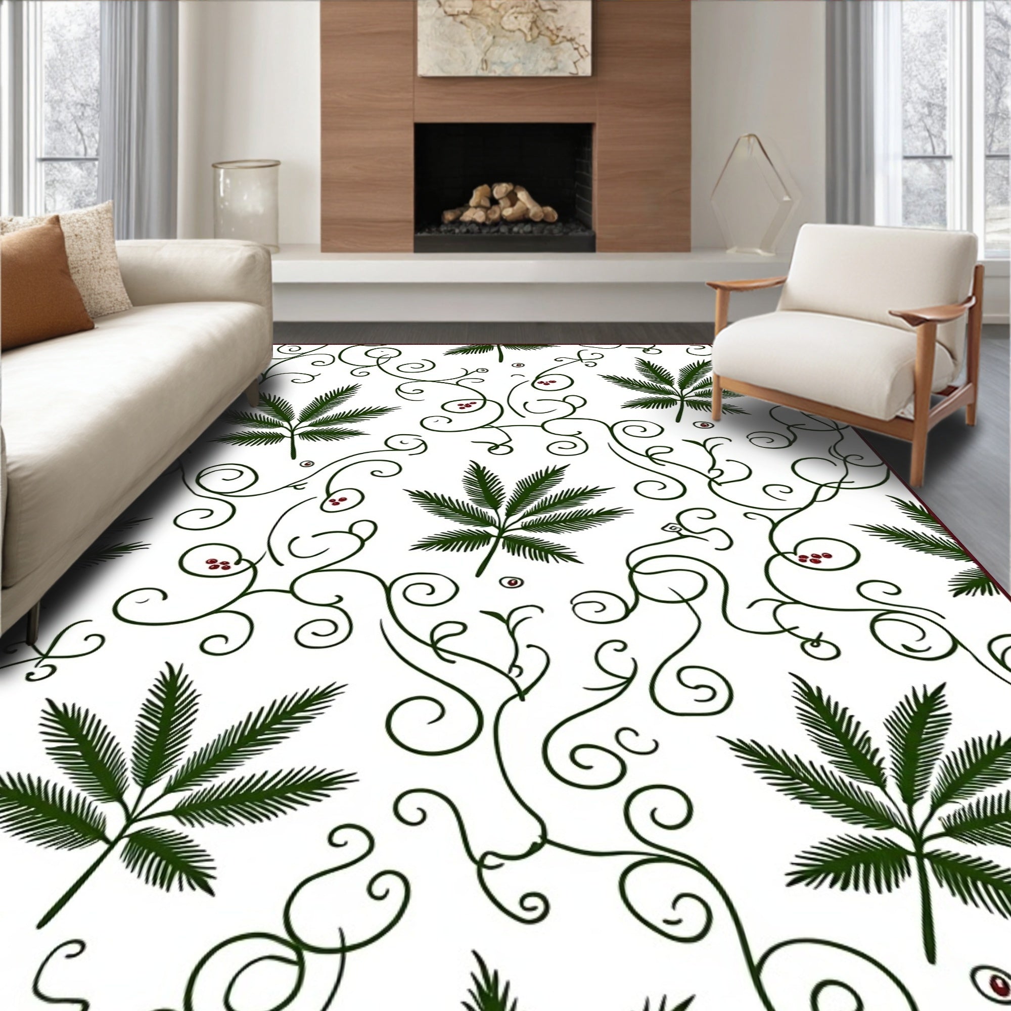 Green Fern Swirl Botanical Motif Rug