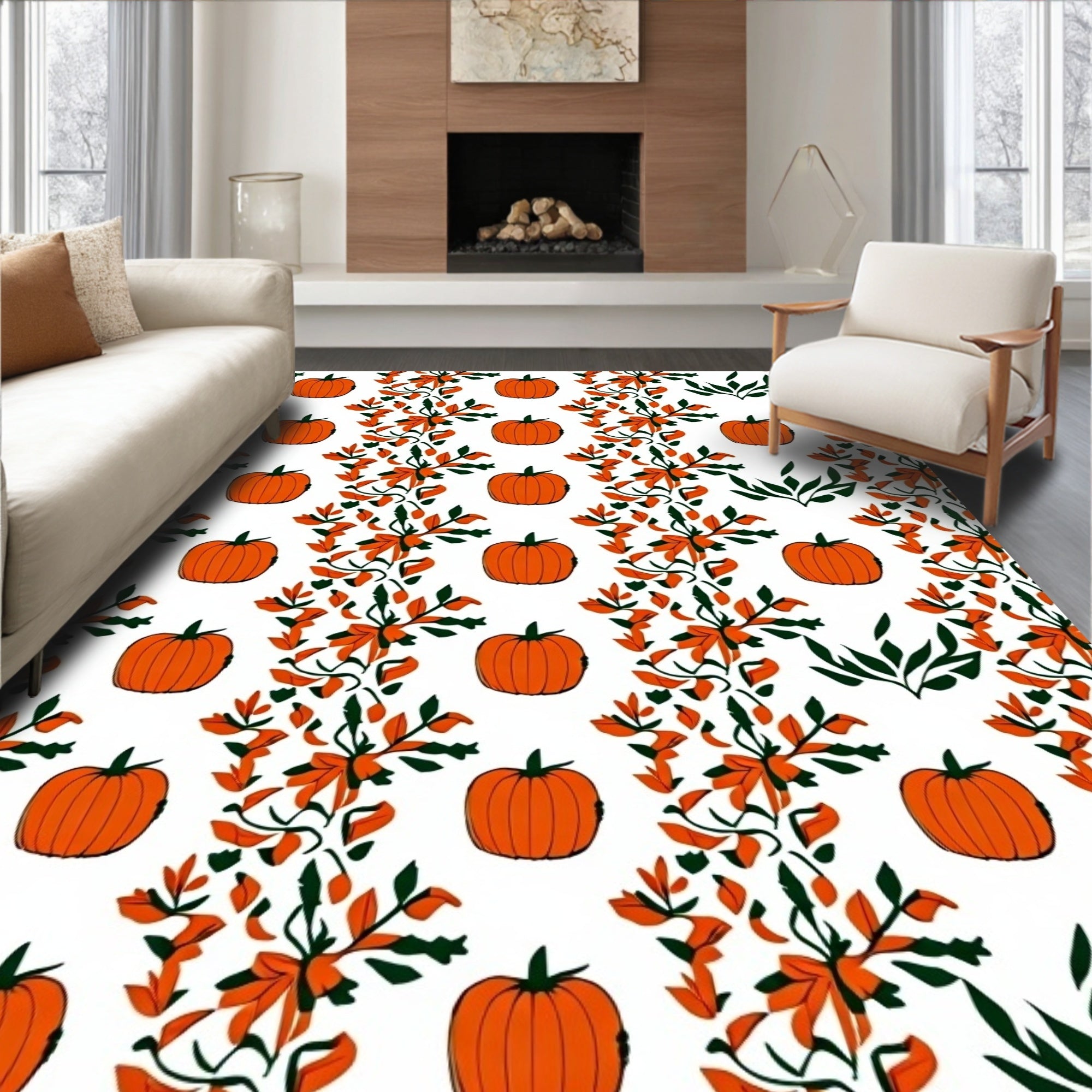 Orange Pumpkin Autumn Vine Swirl Rug