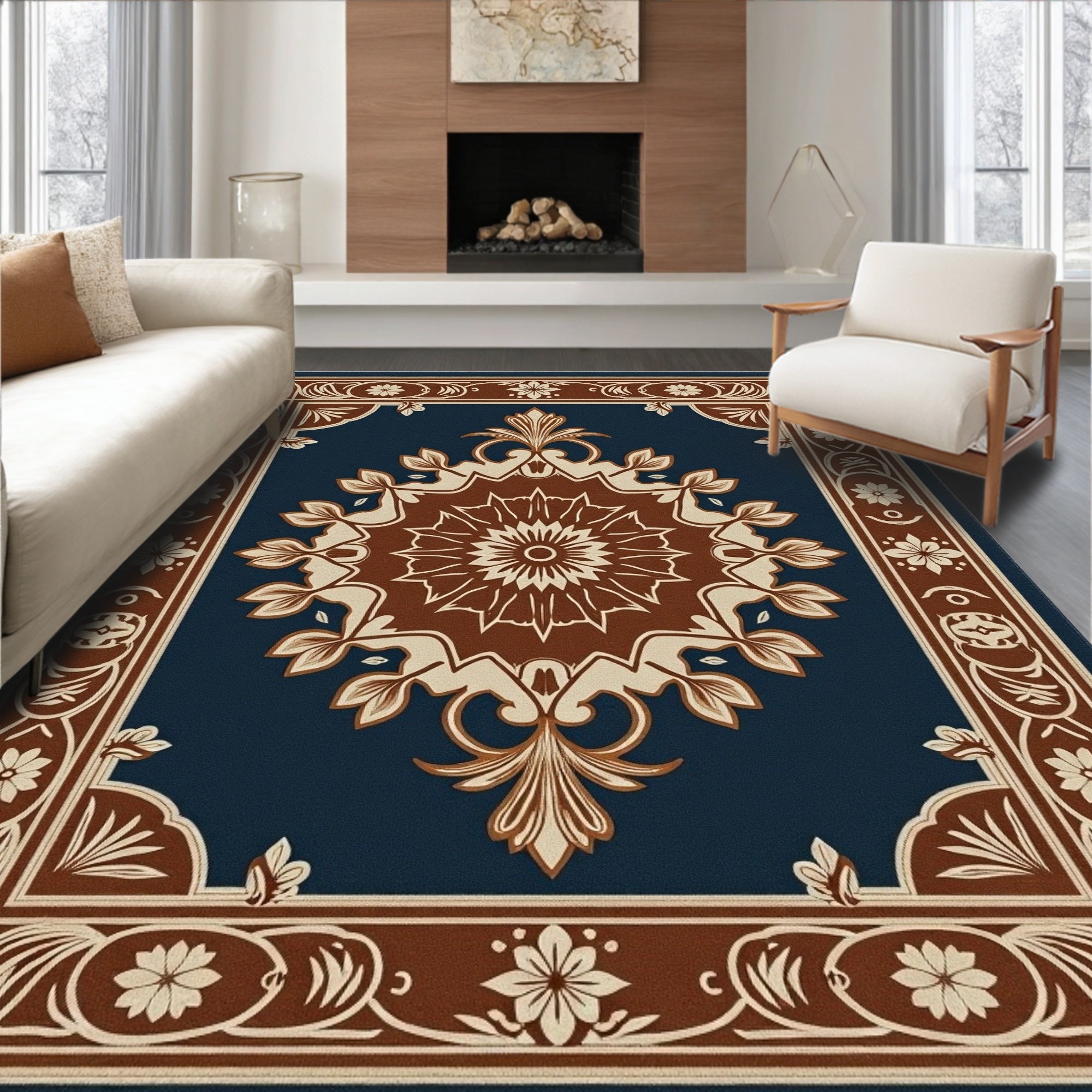Rich Floral Medallion Dark Blue Pattern Rug