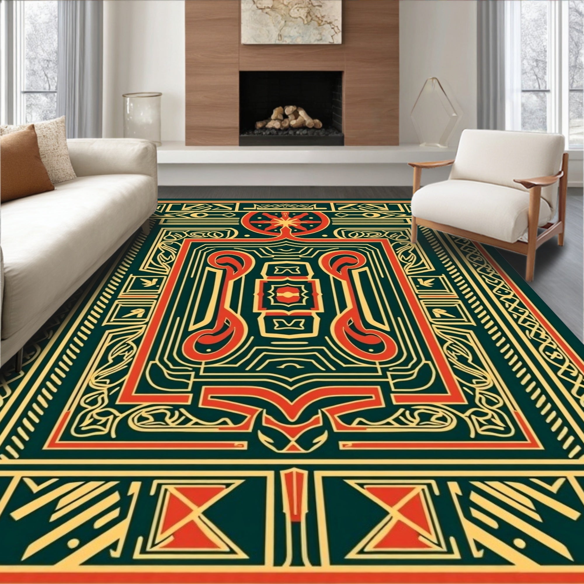 Intricate Red Gold Geometric Pattern Rug