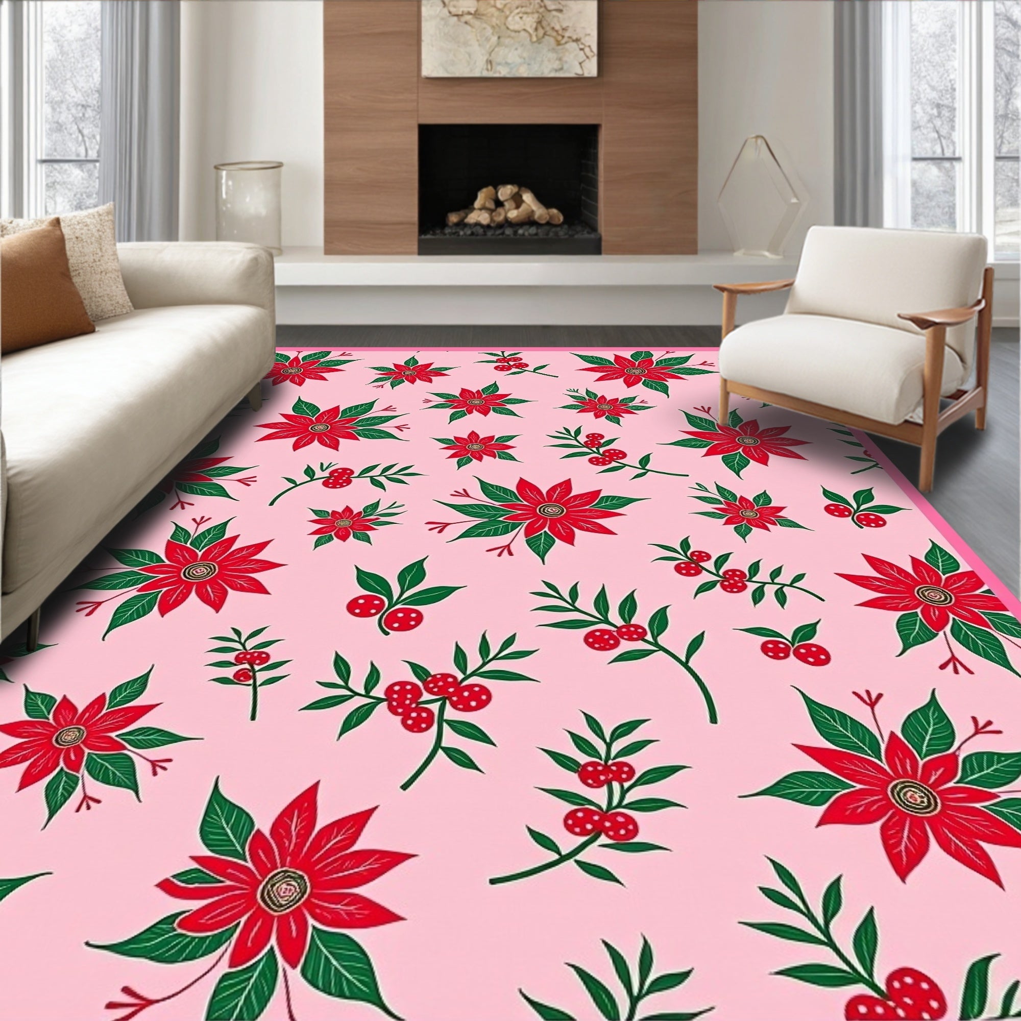 Red Poinsettia Holly Berries Rug