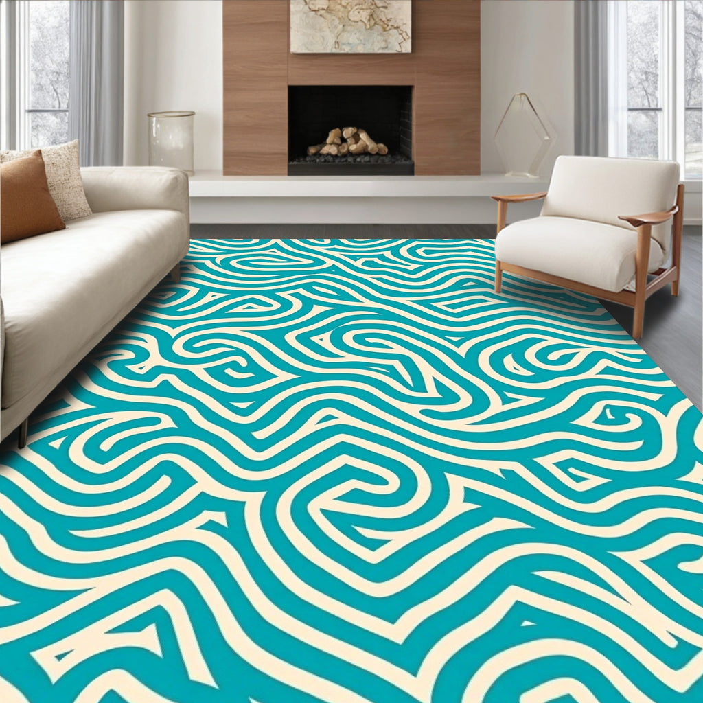 Abstract Teal Wavy Line Pattern Rug