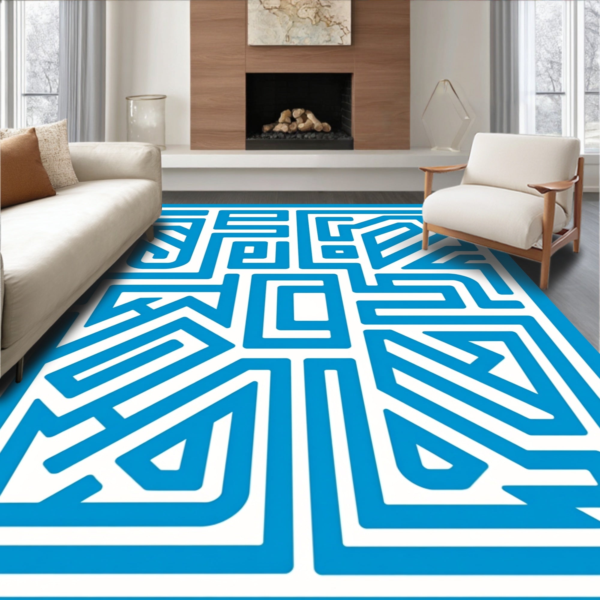 Modern Blue White Geometric Path Design Rug