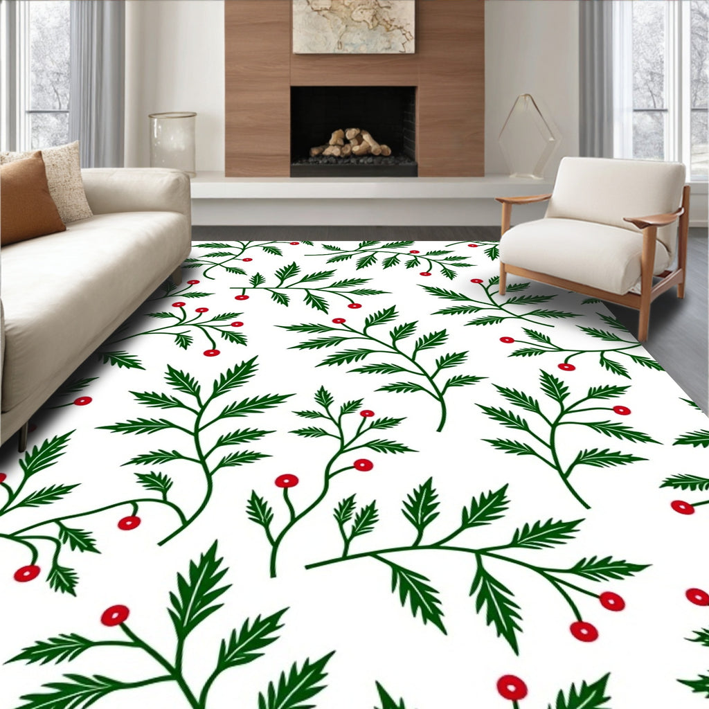 Green Leaf Red Berry Floral Arrangement Rug