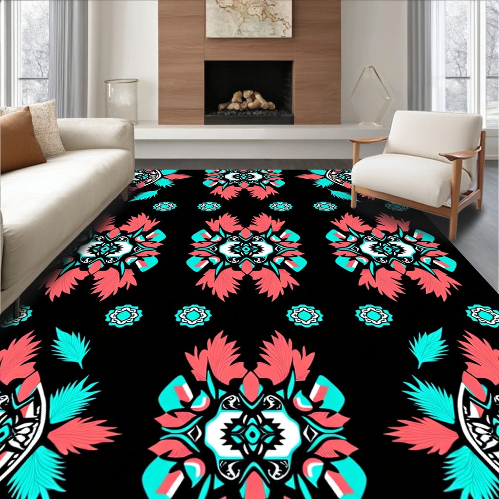 Bold Coral Teal Floral Motif Design Rug