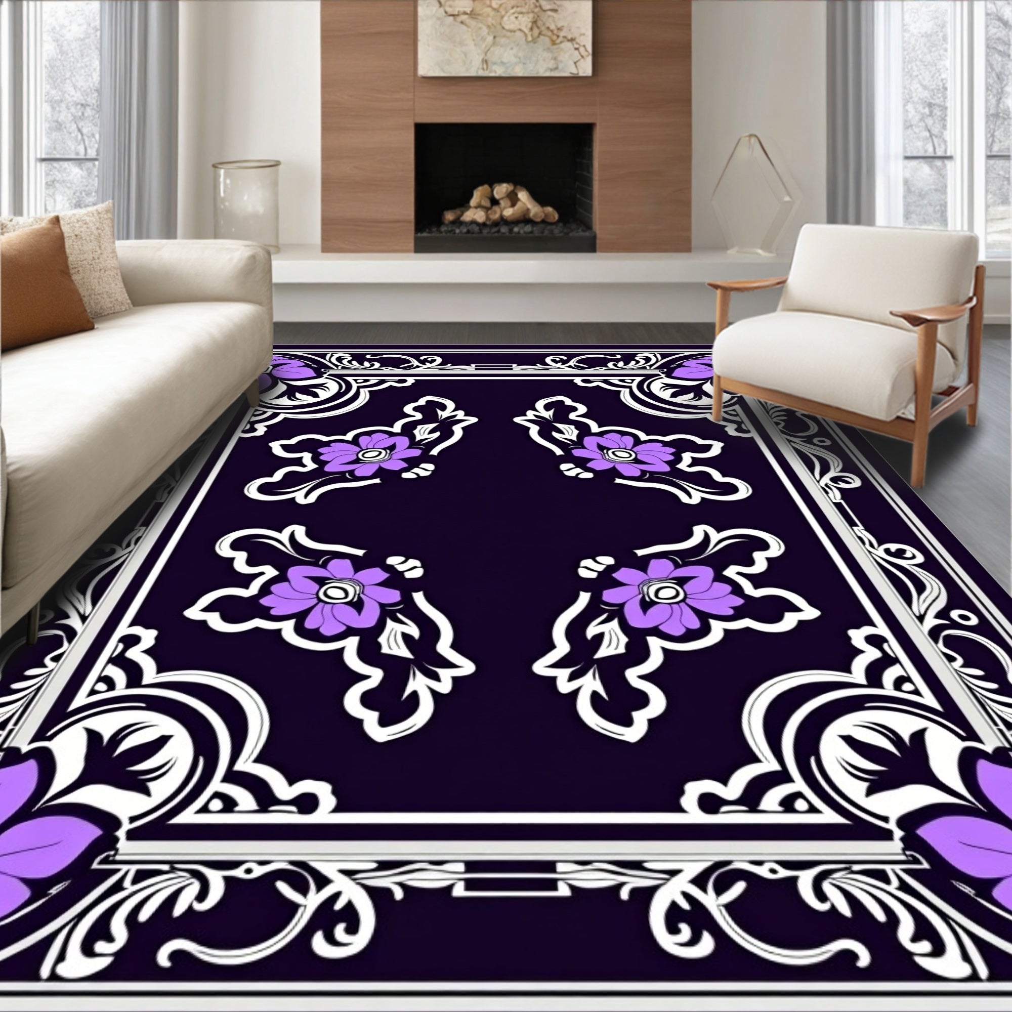 Ornate Purple Floral Frame Rug