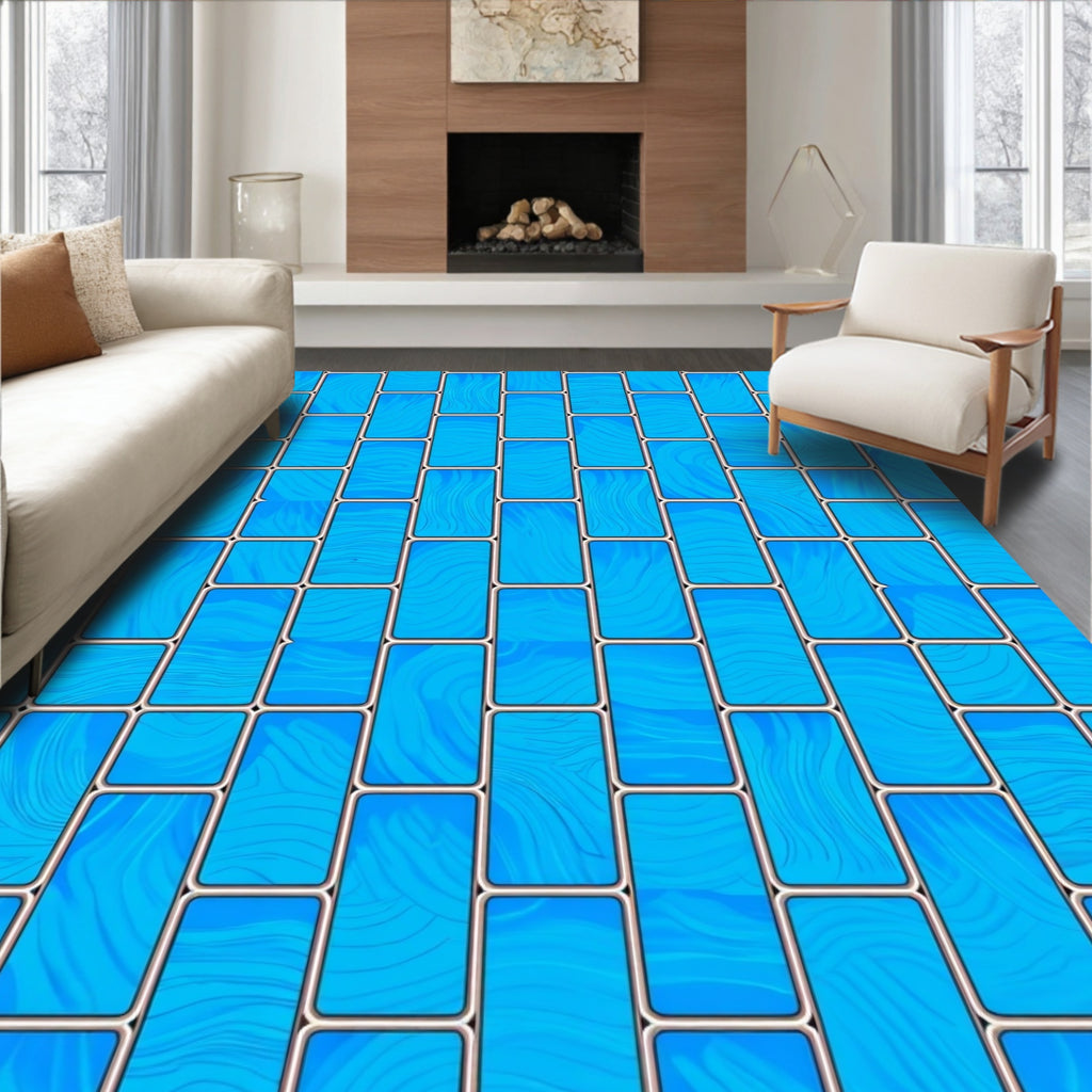 Blue Wood Grain Brick Pattern Rug