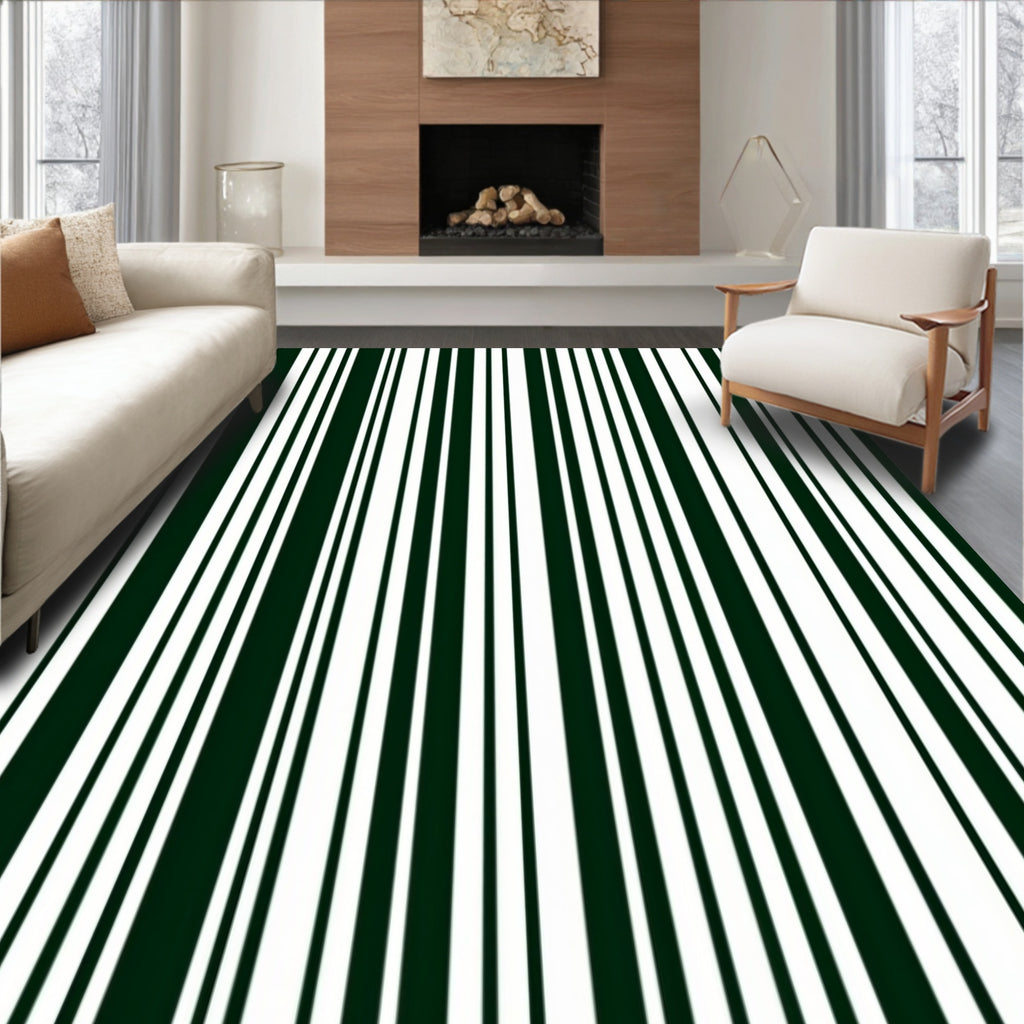 Dark Green White Vertical Stripe Rug