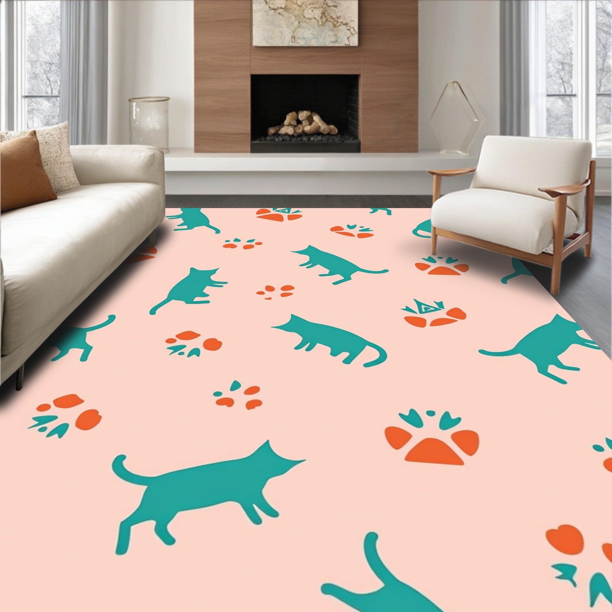 Teal Silhouette Cats And Paws Print Rug