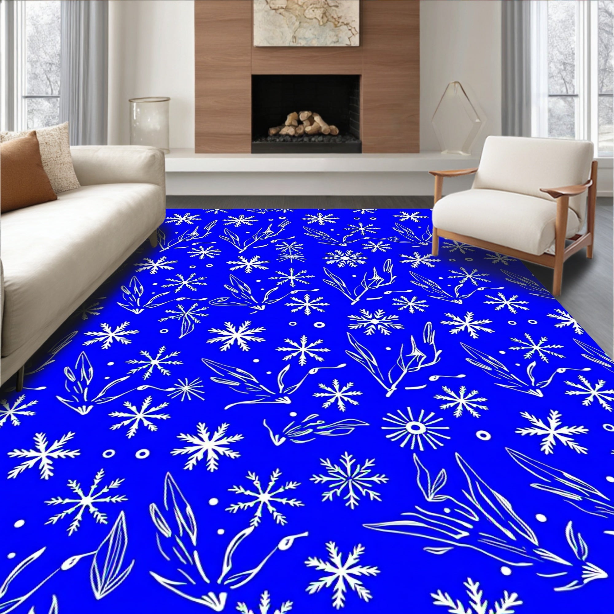 White Snowflakes and Leaves on Blue Rug