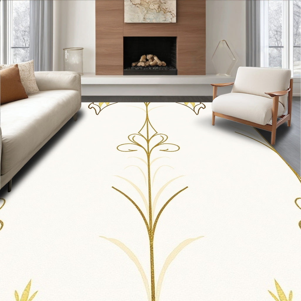 Elegant Gold Leaf Scroll Patterned Rug
