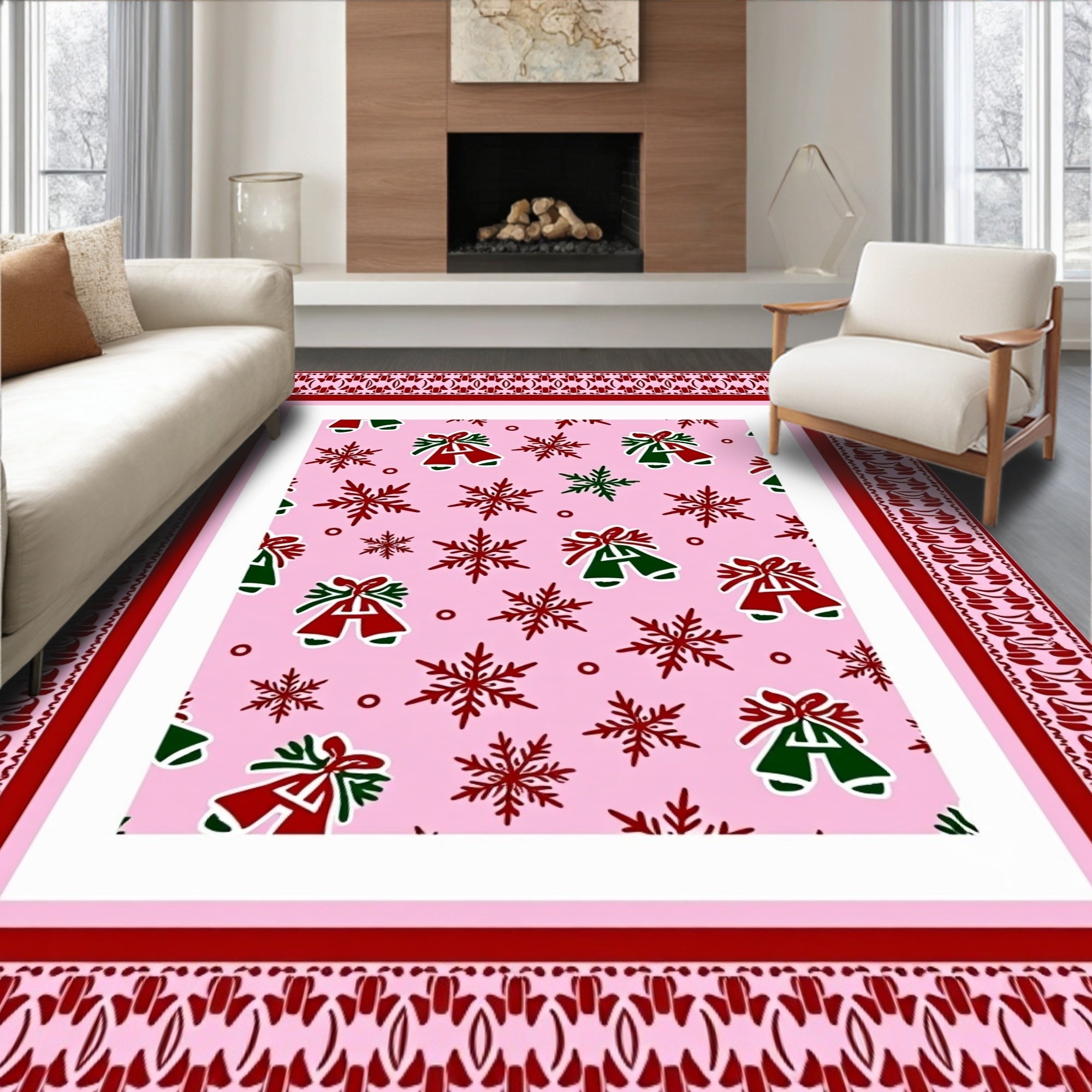 Pink Snowflakes and Bells Border Rug