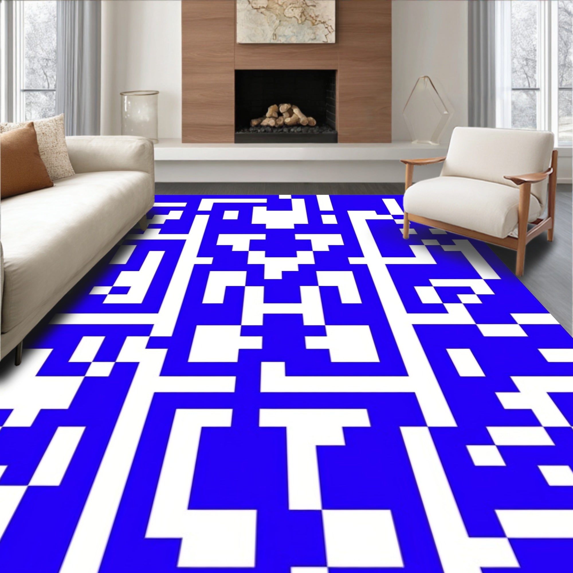 Abstract Blue White Geometric Grid Pattern Rug