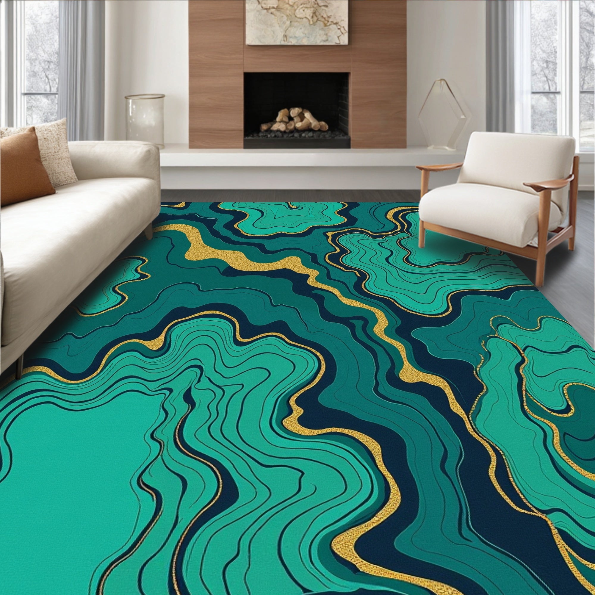 Emerald Waves With Gold Veins Rug