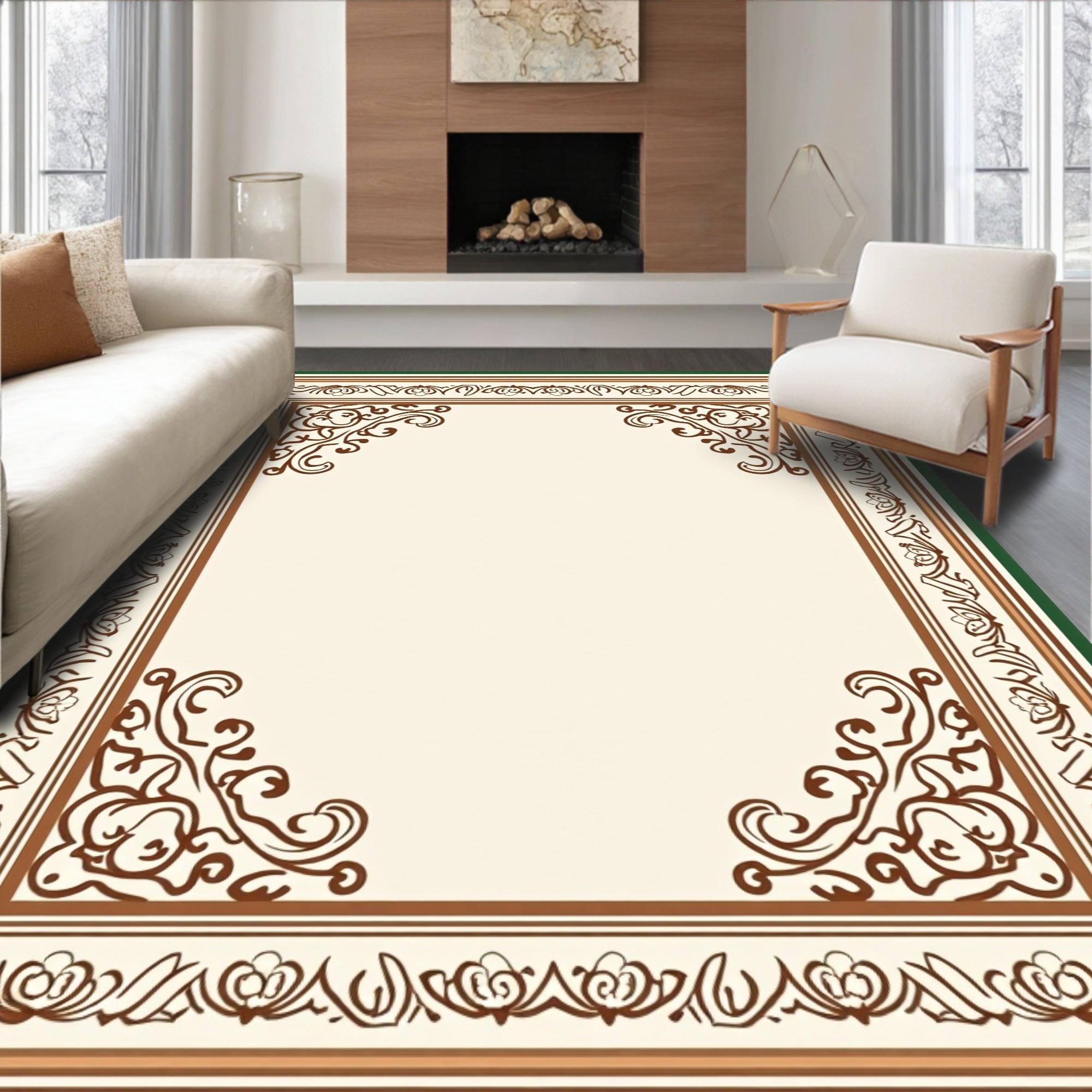 Ornamental Brown Scrollwork Cream Border Rug