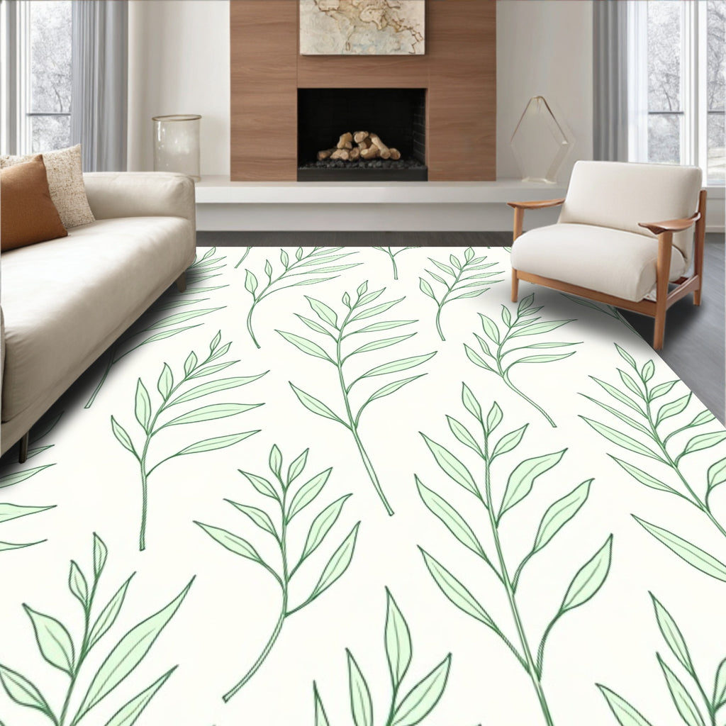 Minimalist Green Leaf Pattern Rug