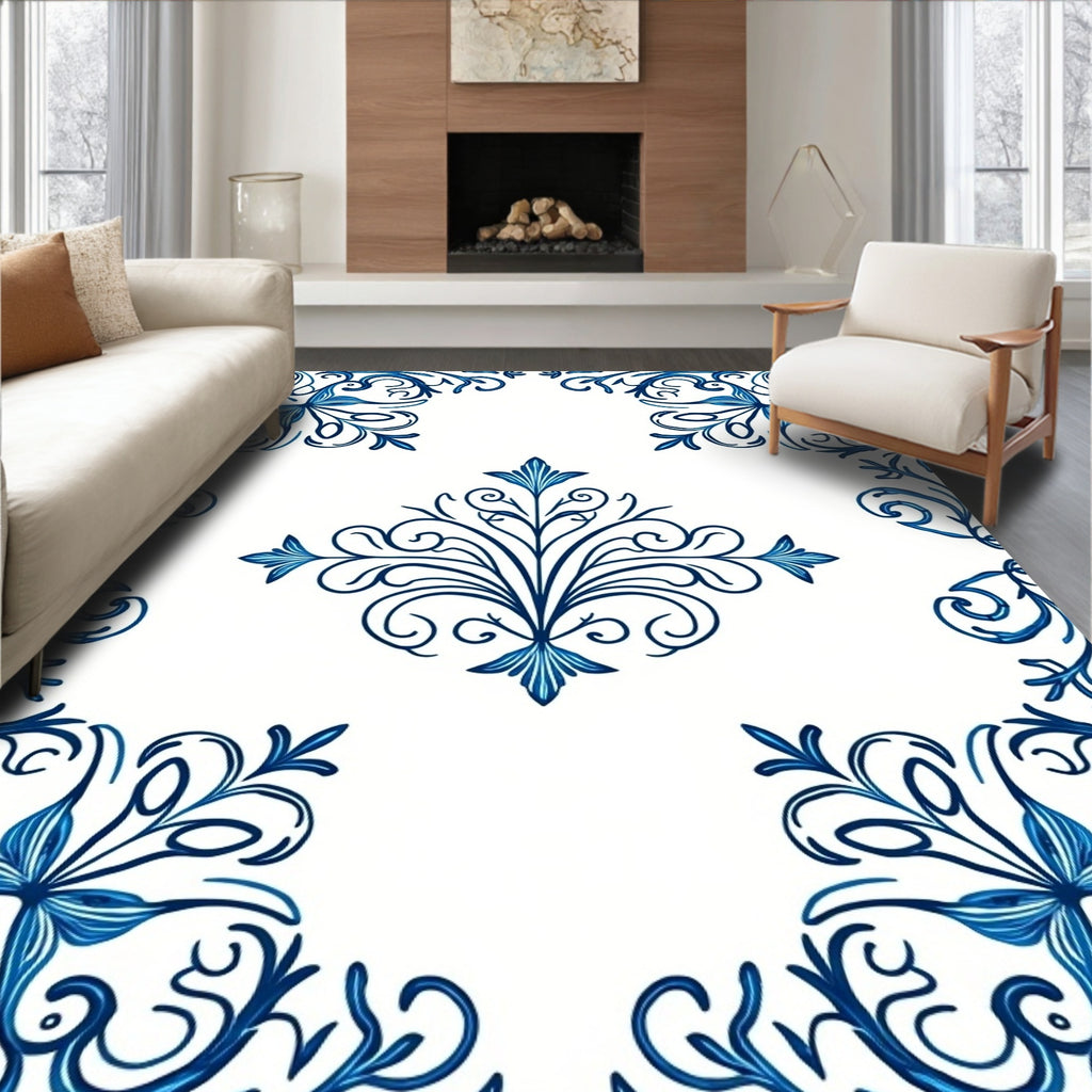 Blue Baroque Scrollwork Pattern Rug