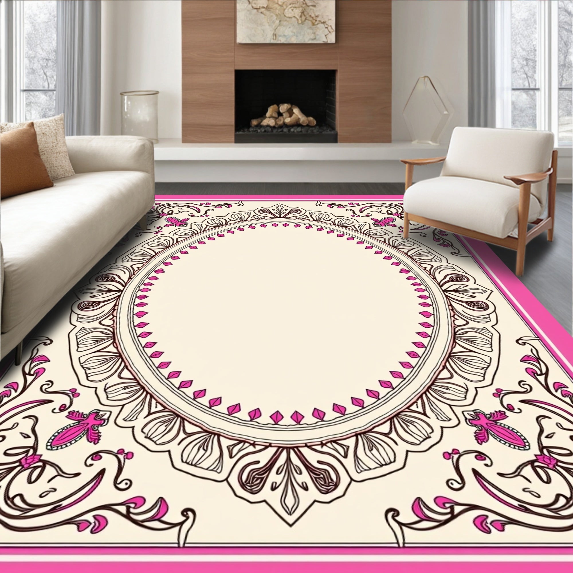 Ornate Pink Cream Floral Scroll Rug