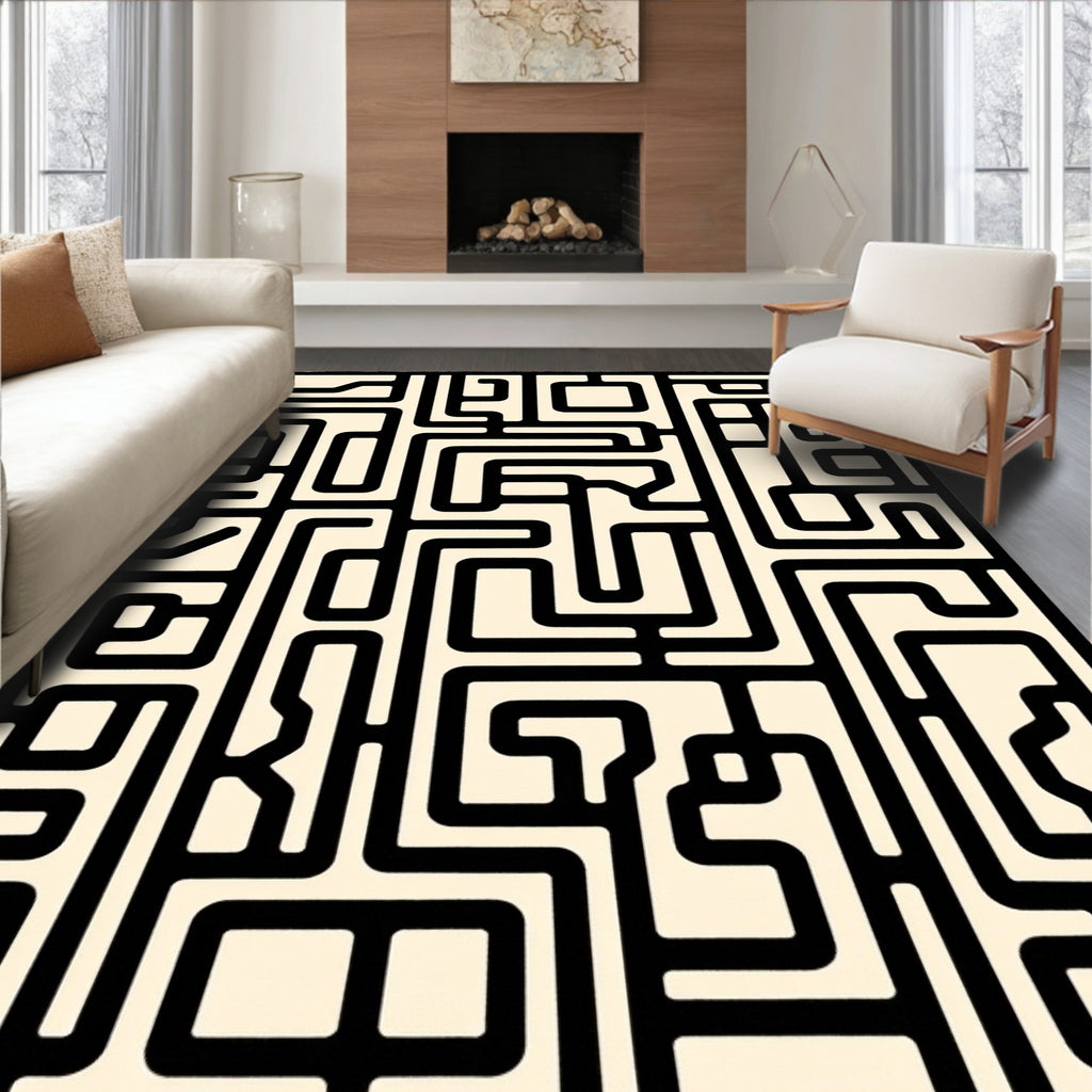 Abstract Black And White Maze Pattern Rug
