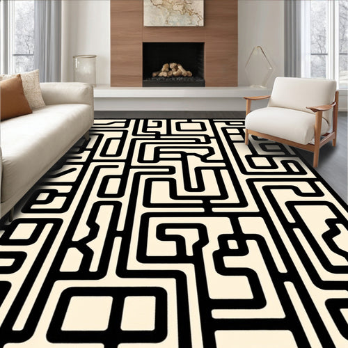 Abstract Black And White Maze Pattern Rug