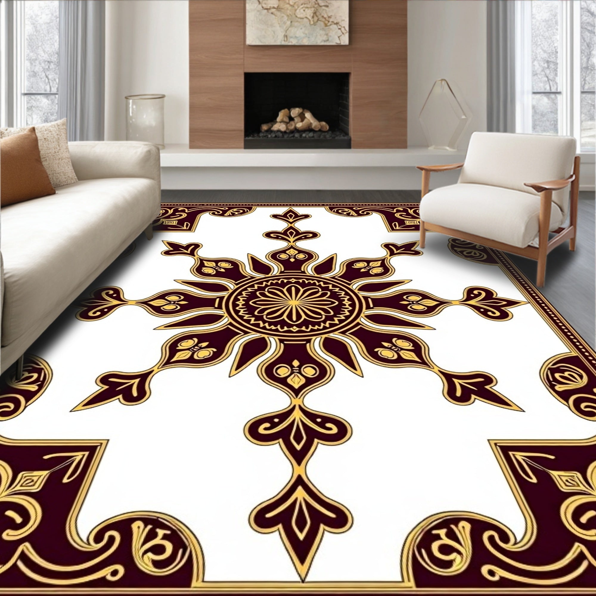 Rich Gold Maroon Ornate Mandala Rug