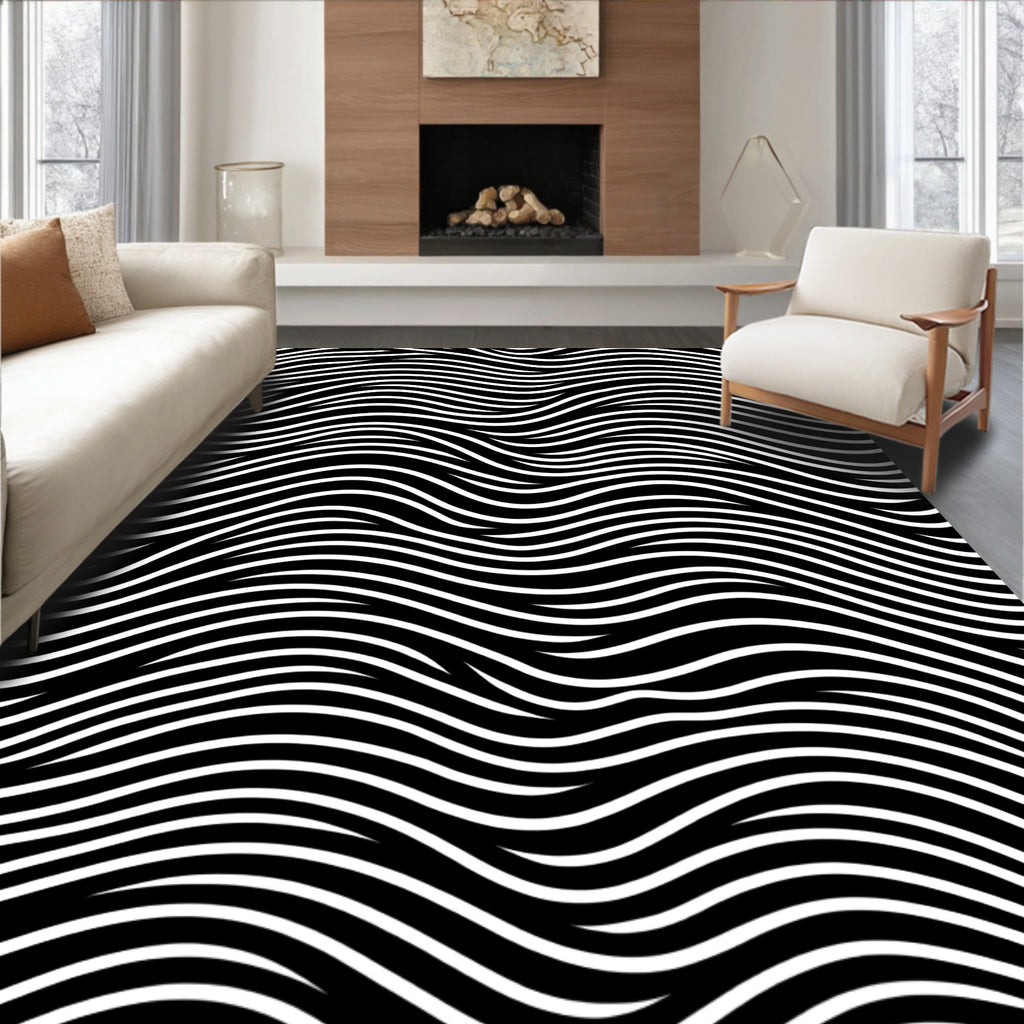 Black White Wavy Line Design Rug
