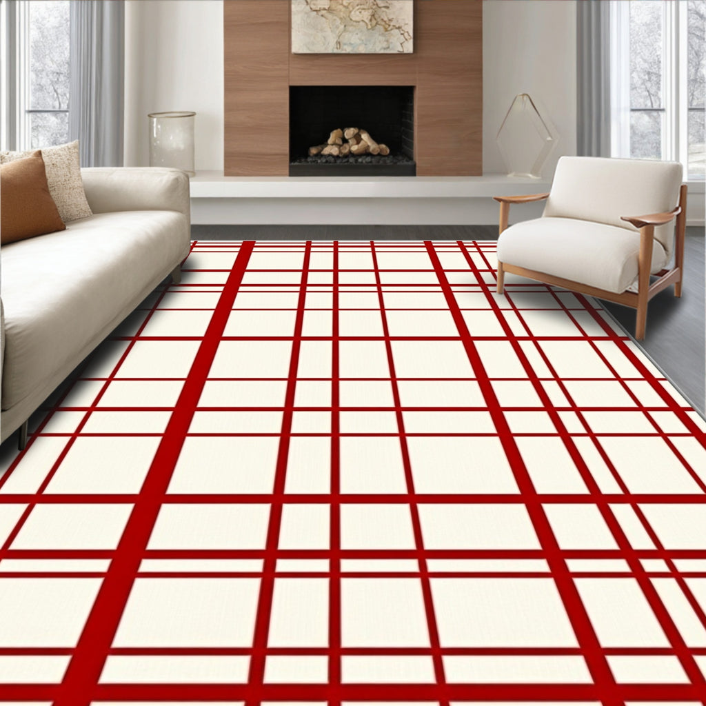 Classic Red White Grid Pattern Rug