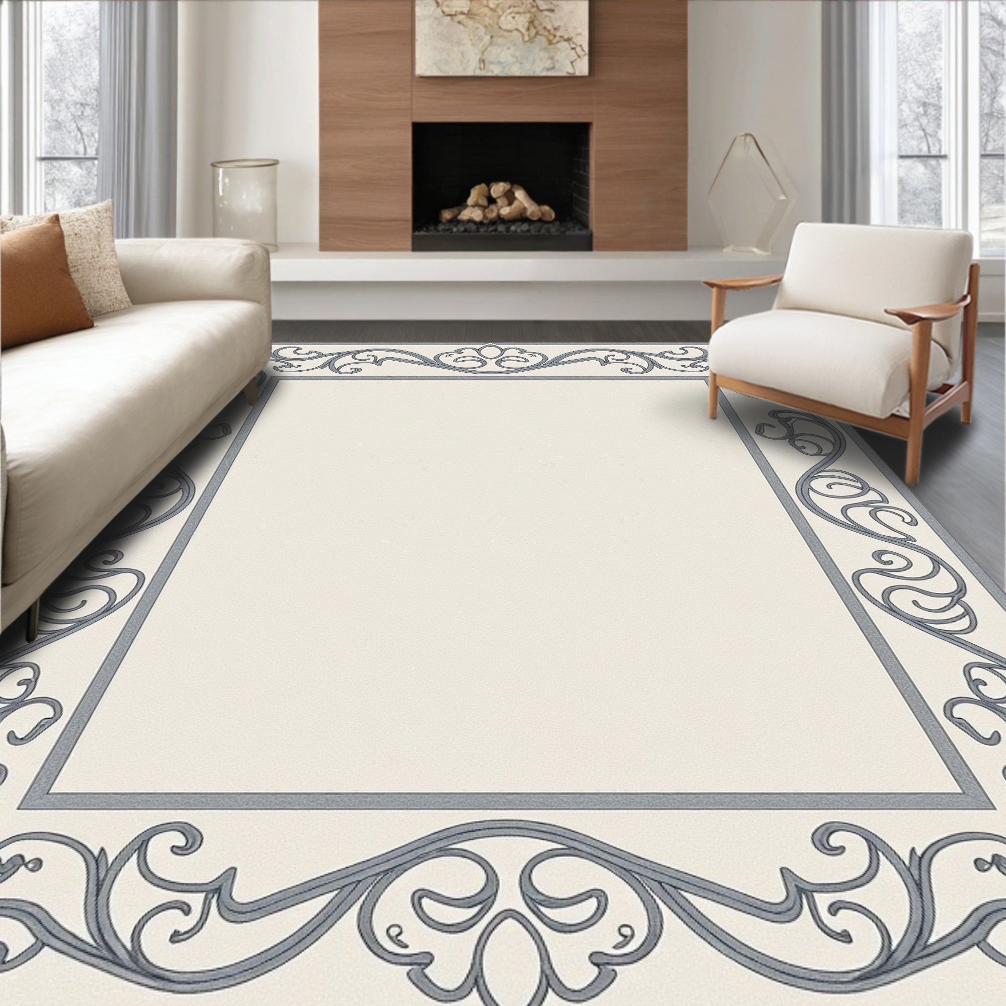 Elegant Grey Scrollwork Border Rug