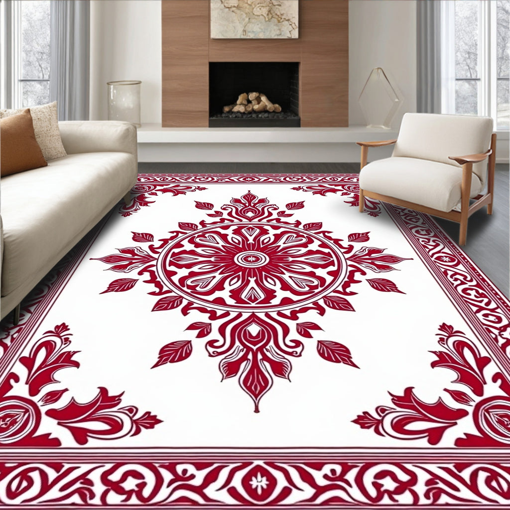 Classic Red White Medallion Border Rug