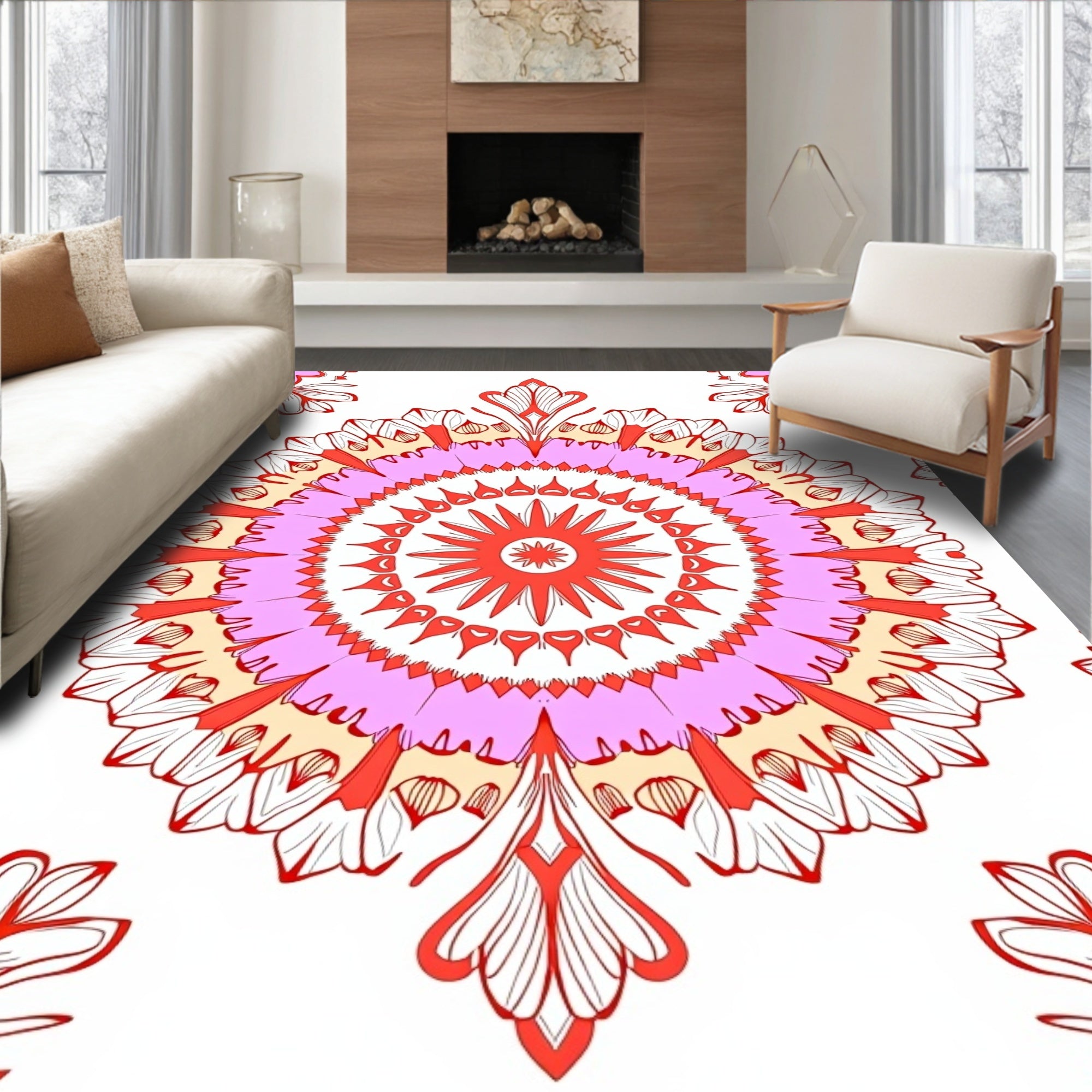 Vibrant Pink Red Floral Mandala Pattern Rug