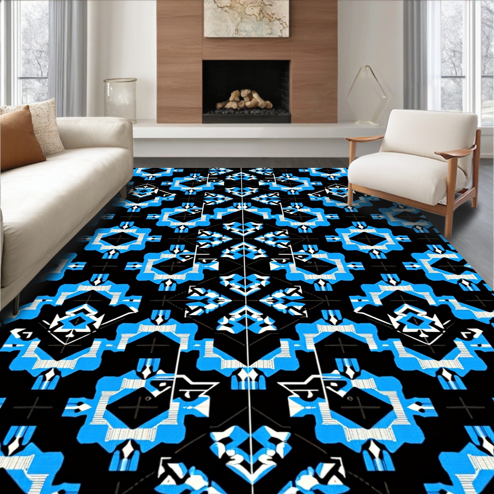 Geometric Blue White Repetitive Pattern Rug