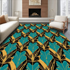 Art Deco Teal Gold Floral Pattern Rug