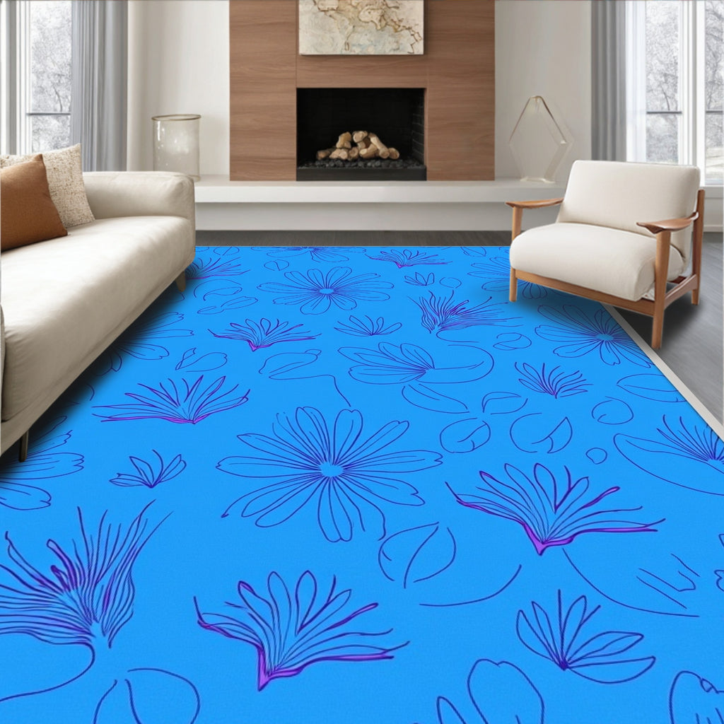 Blue Floral Outline Pattern Design Rug