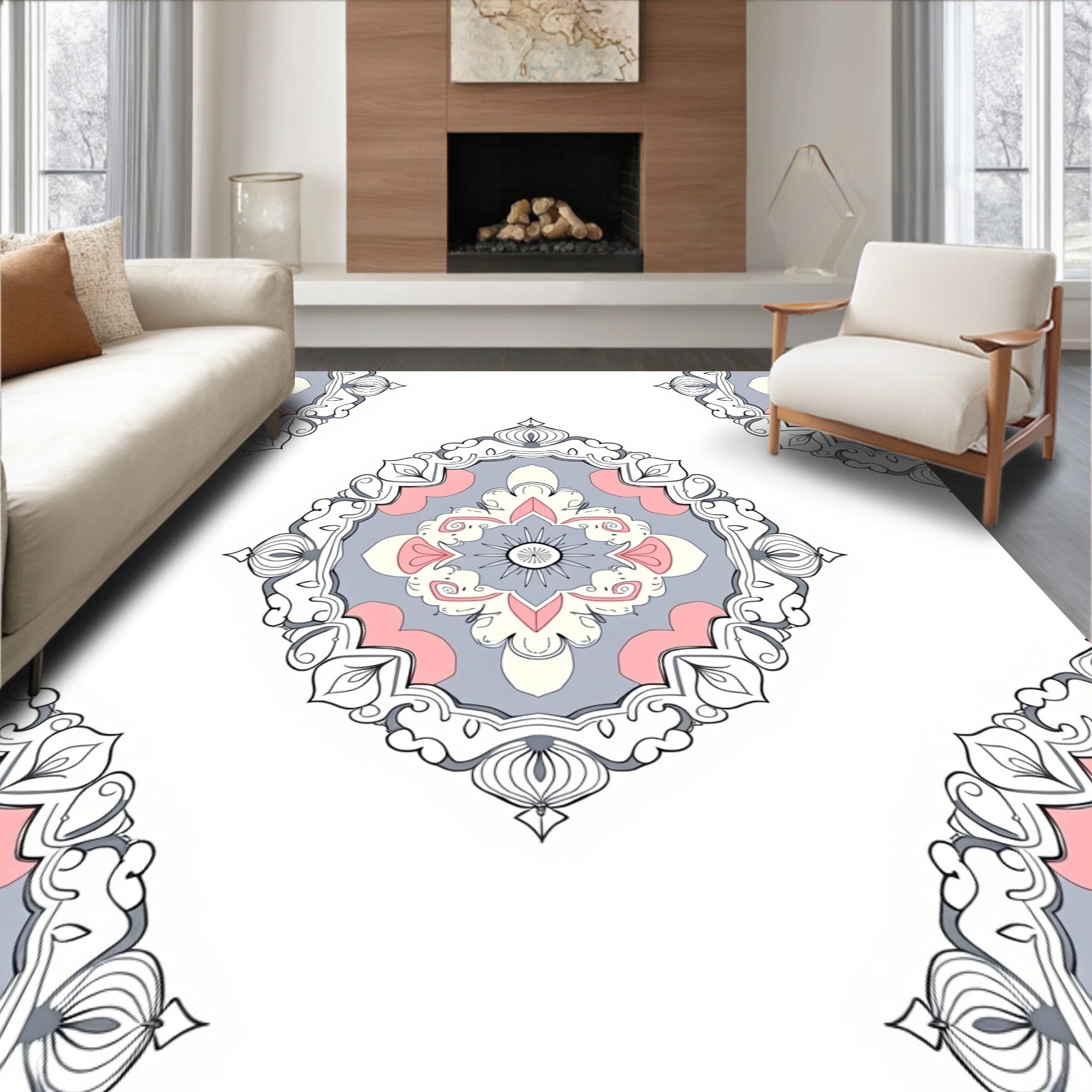 Pink Gray White Floral Mandala Pattern Rug