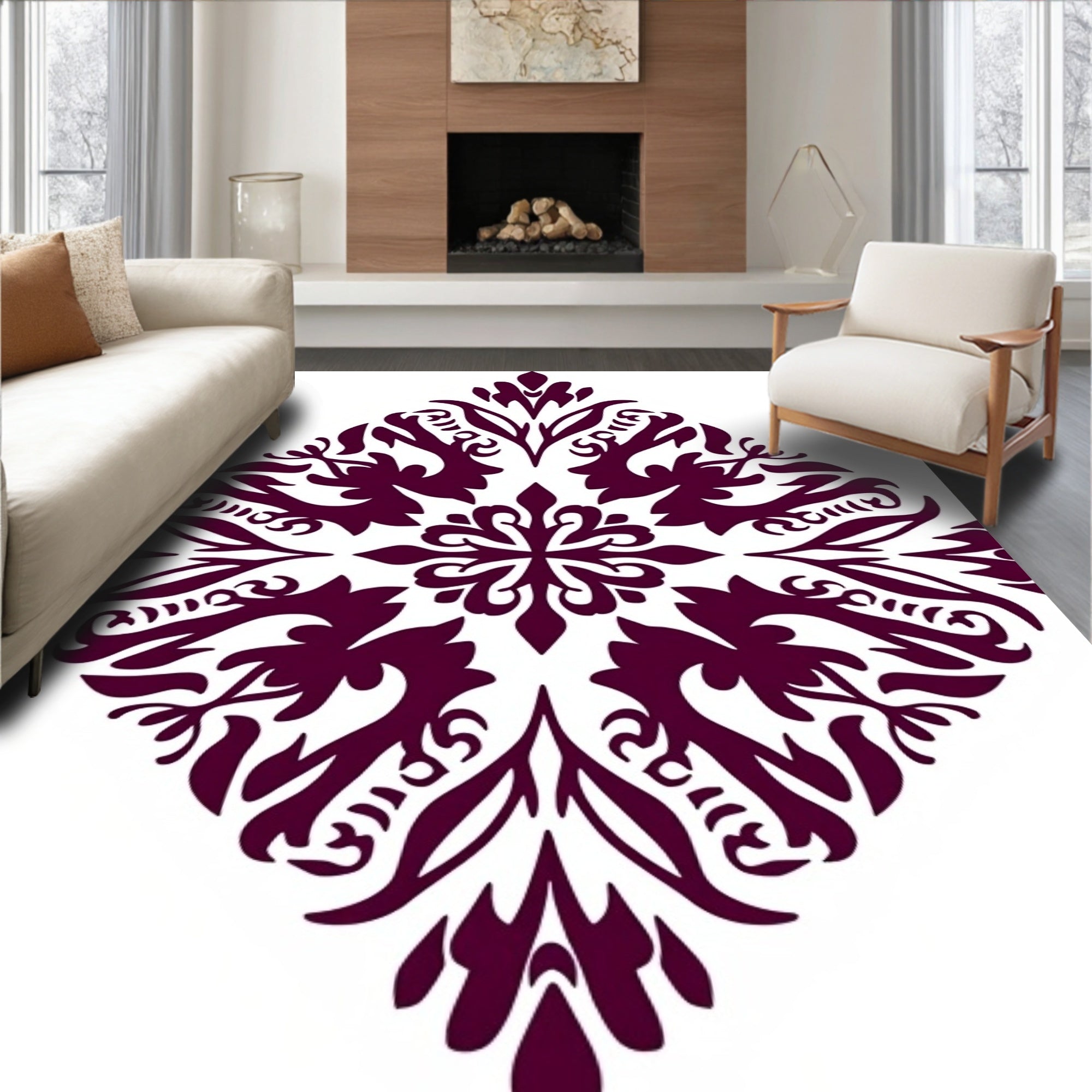 Ornate Burgundy Floral Damask Rug