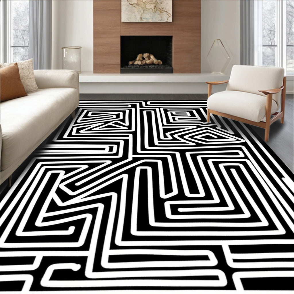 Bold Black White Maze Pattern Rug