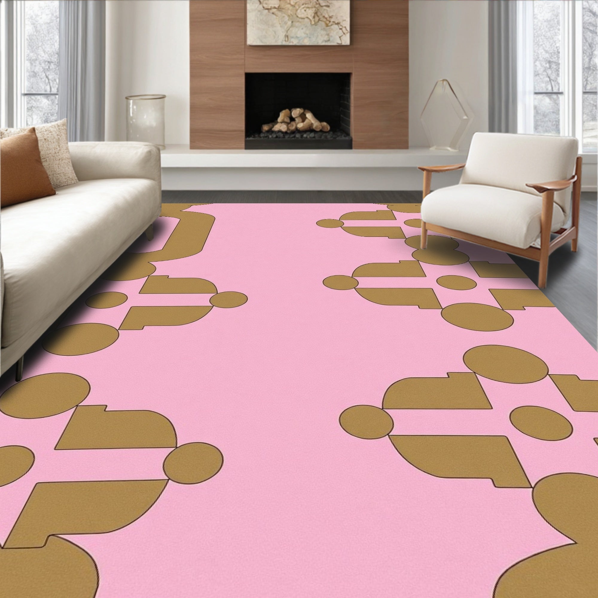Geometric Gold Pattern On Pink Rug