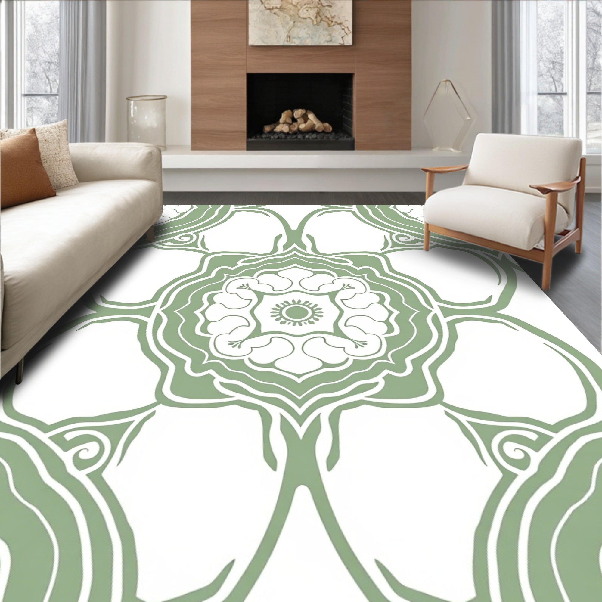 Sage Green Floral Mandala Pattern Rug