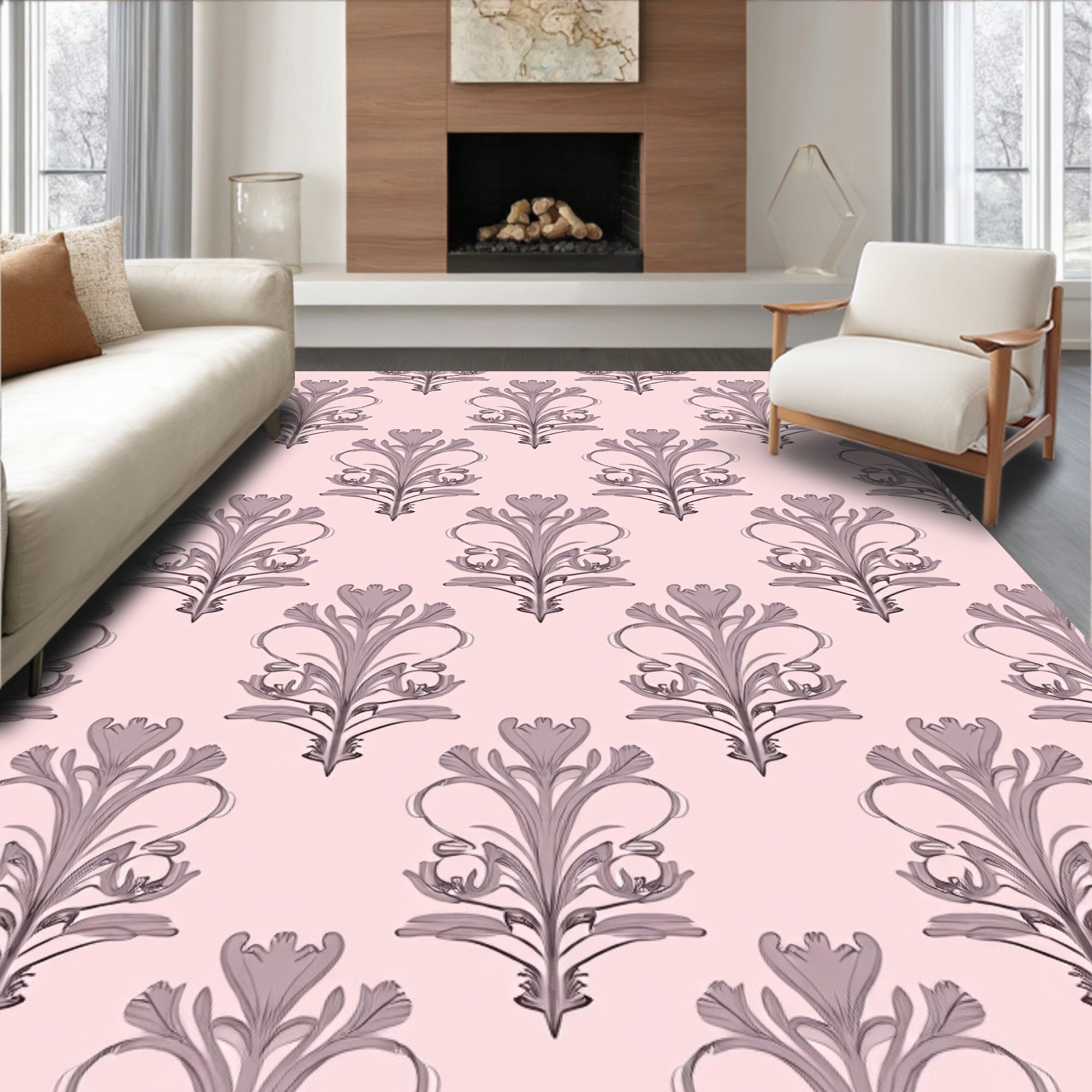 Elegant Pink Floral Damask Rug