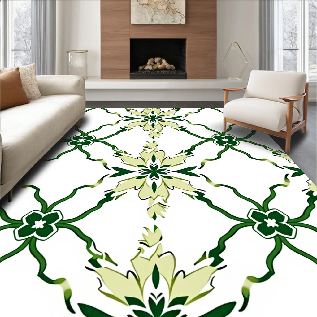 Green Floral Lattice Geometric Pattern Rug