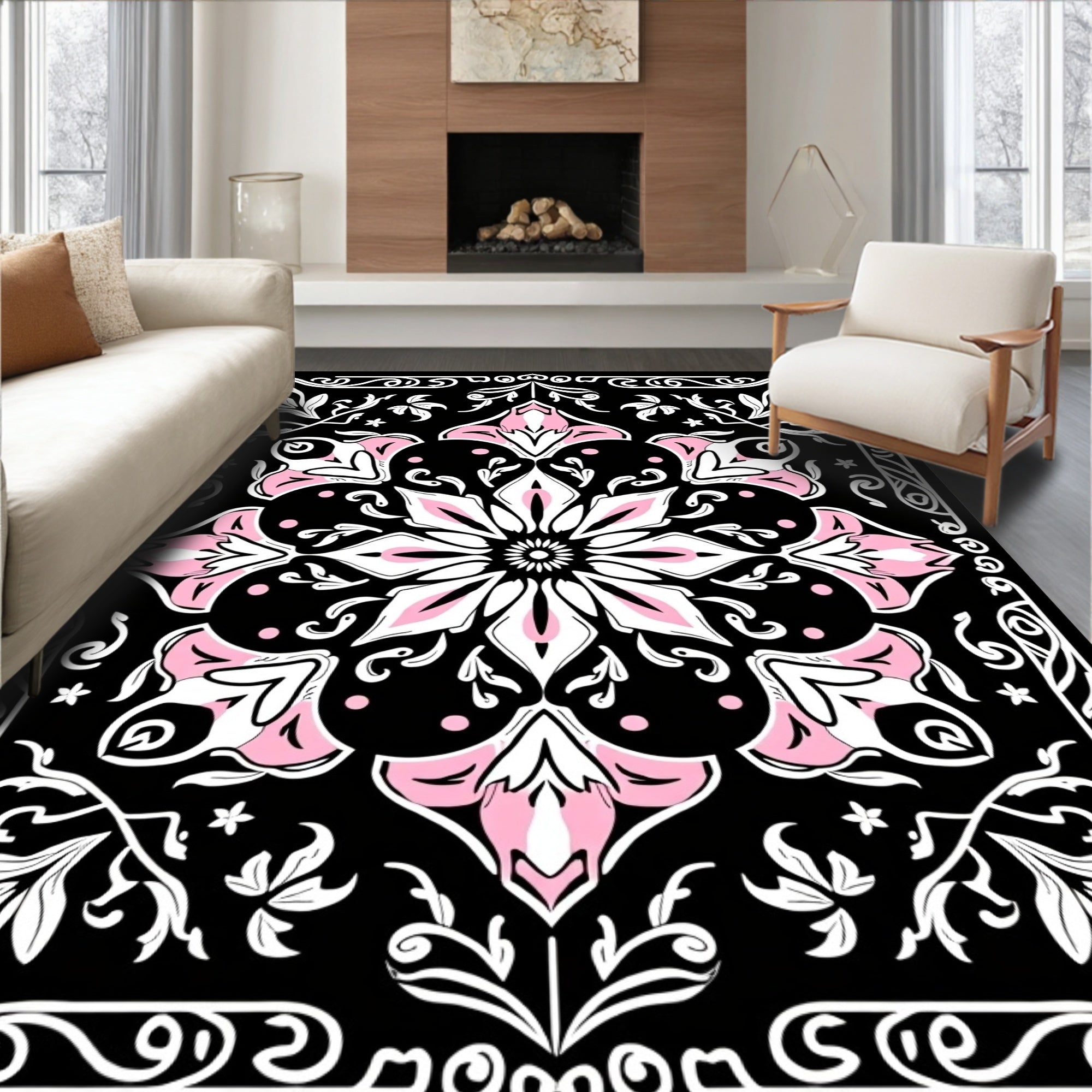 Intricate Floral Black Pink Art Rug