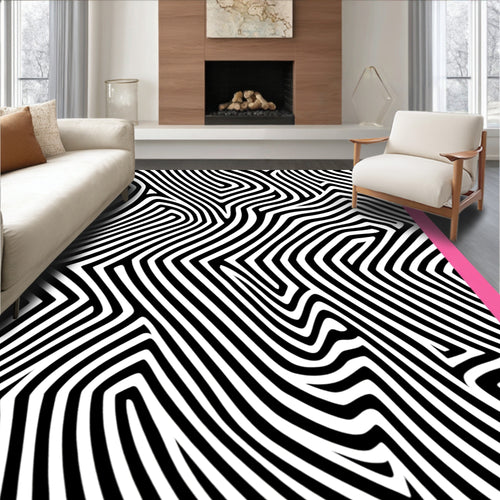 Abstract Black White Curve Pattern Rug