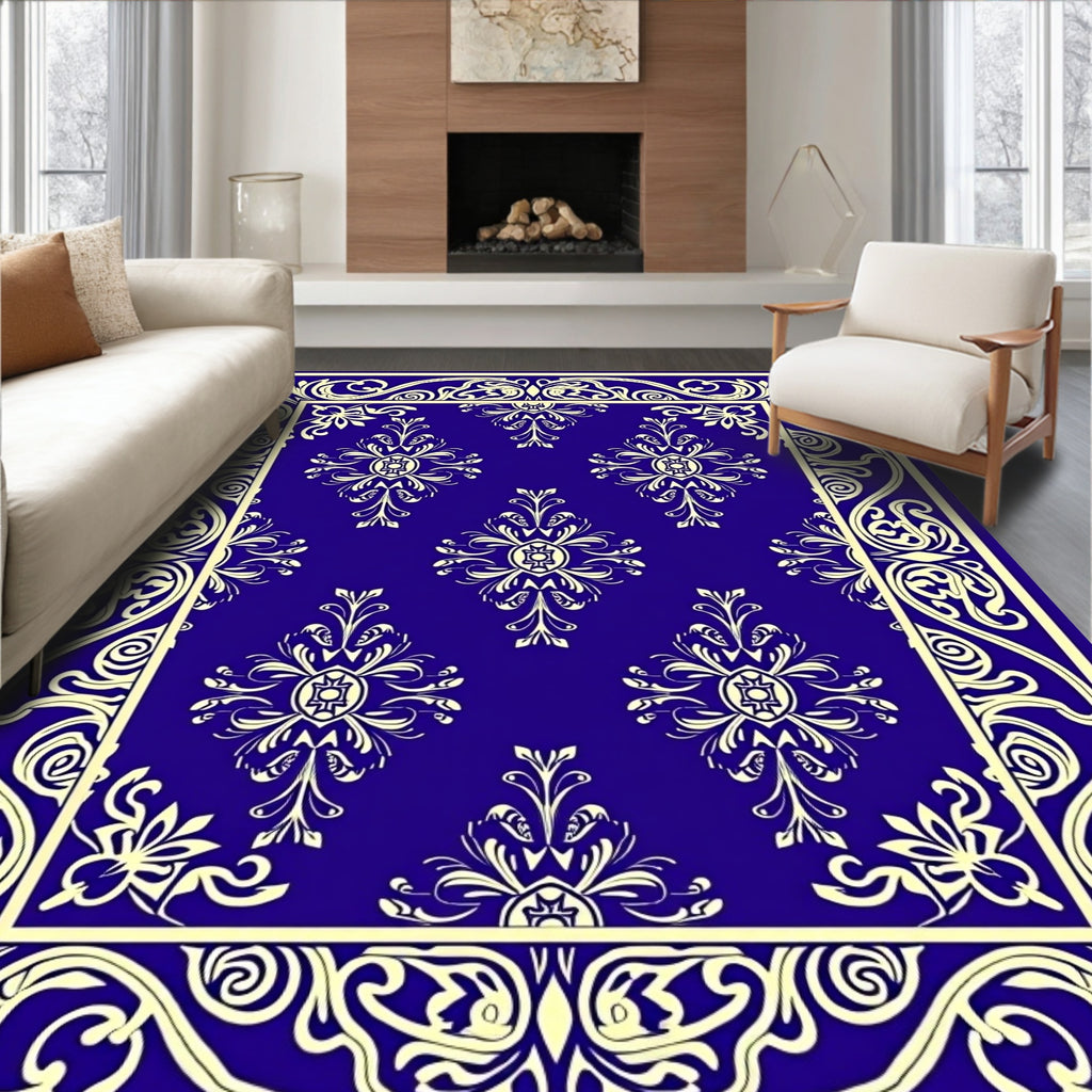 Royal Blue Ivory Floral Medallion Rug