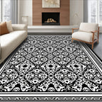 Ornate Black and White Floral Pattern Rug