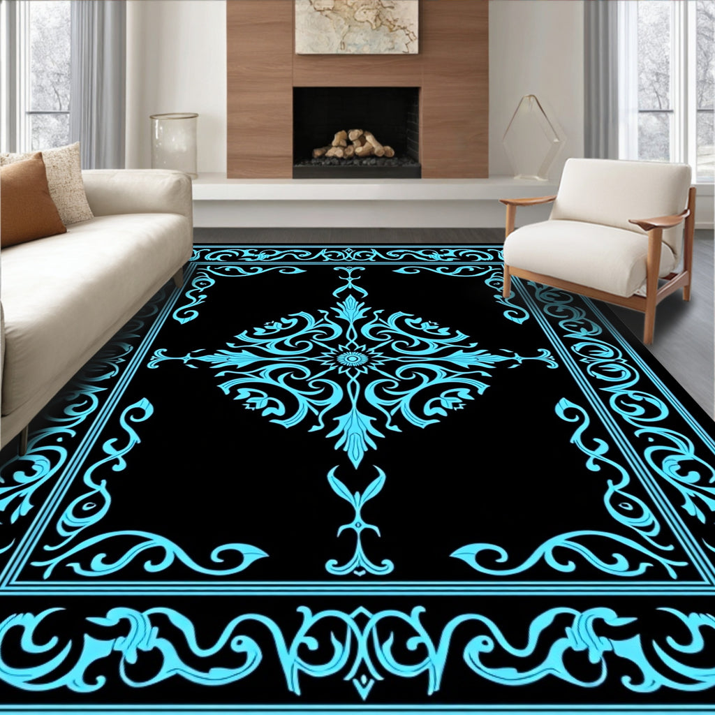 Elegant Cyan Floral Border Design Rug